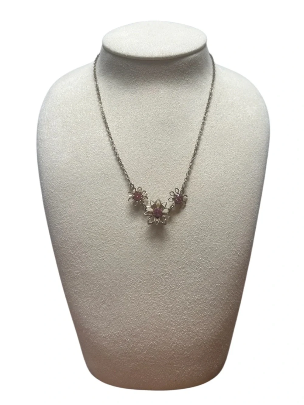 Girl’s Silver Tone Necklace with Pink Floral Accents